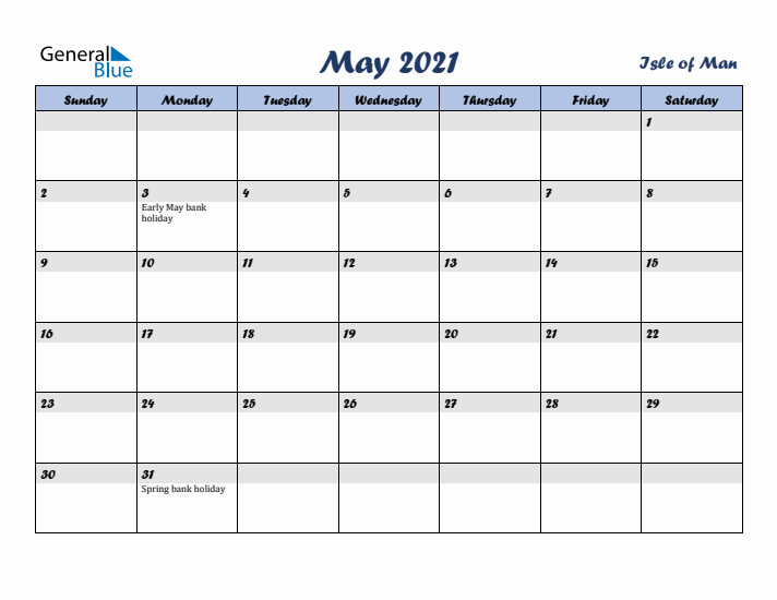 May 2021 Calendar with Holidays in Isle of Man