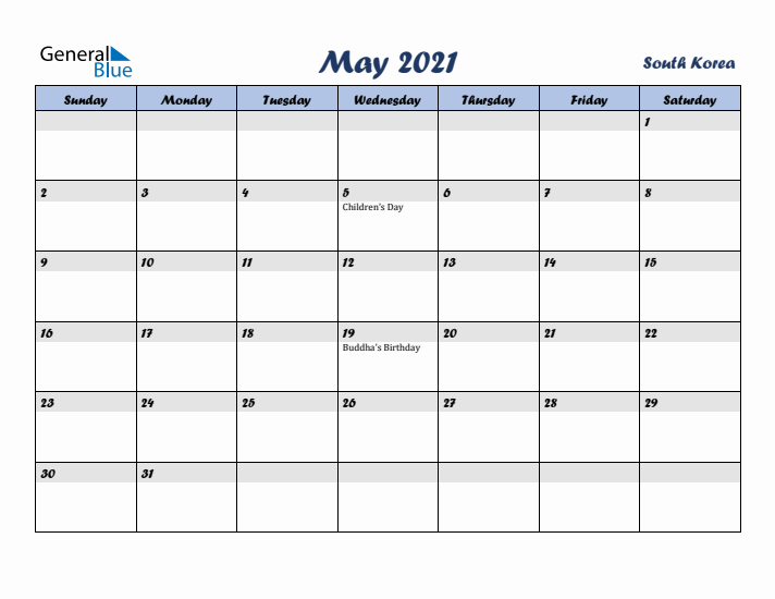 May 2021 Calendar with Holidays in South Korea