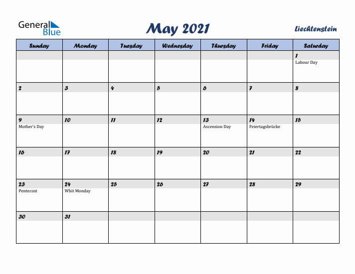 May 2021 Calendar with Holidays in Liechtenstein