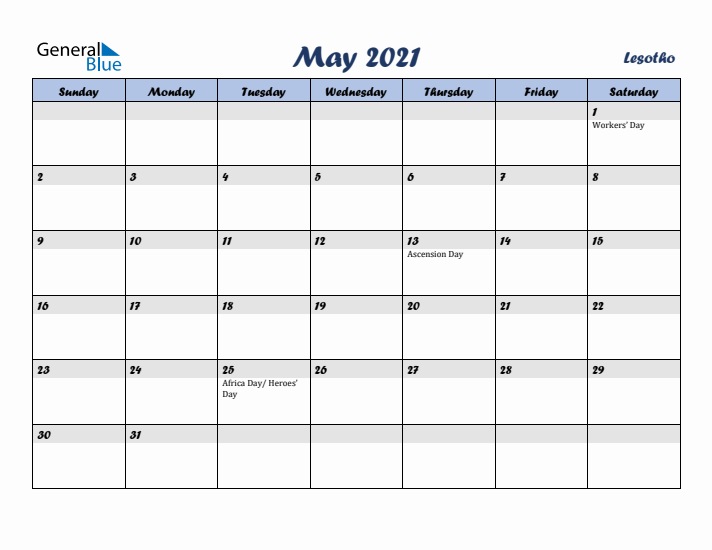 May 2021 Calendar with Holidays in Lesotho