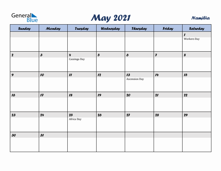 May 2021 Calendar with Holidays in Namibia