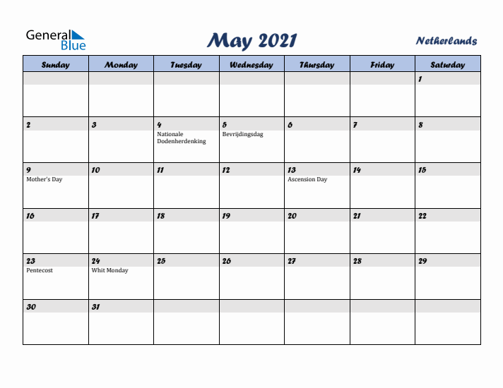May 2021 Calendar with Holidays in The Netherlands