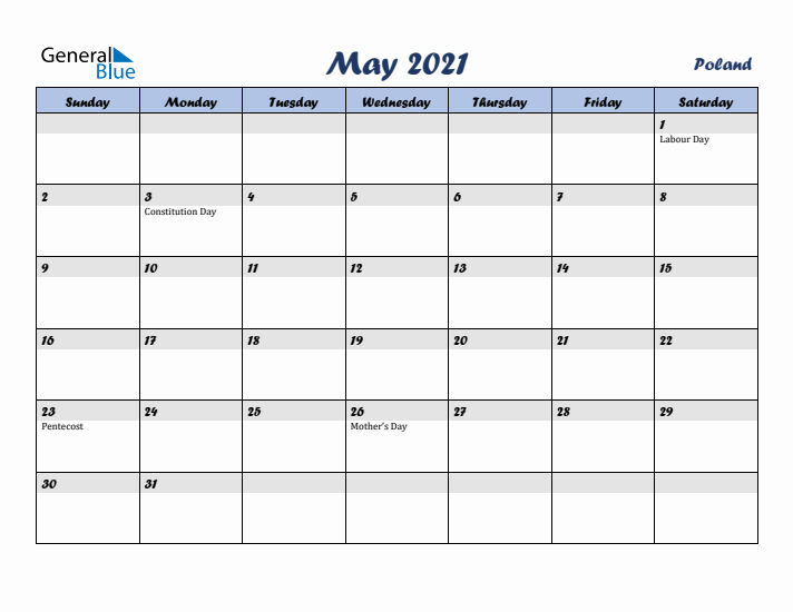 May 2021 Calendar with Holidays in Poland