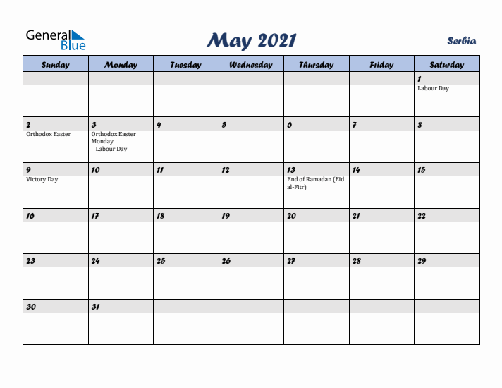 May 2021 Calendar with Holidays in Serbia