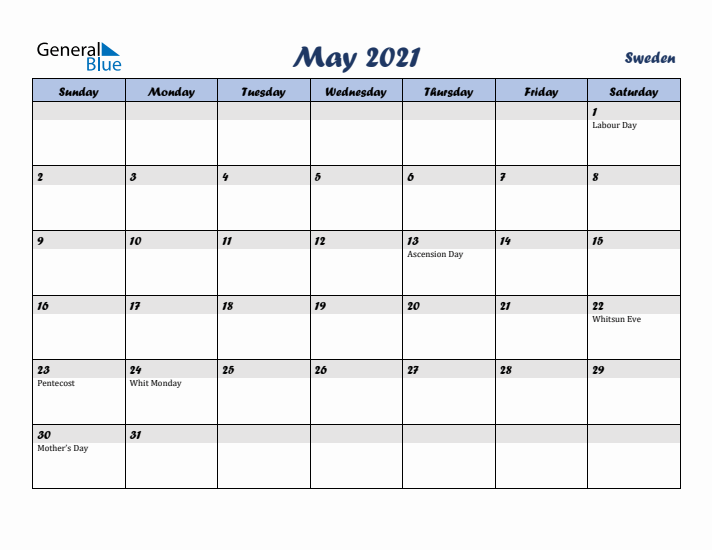May 2021 Calendar with Holidays in Sweden