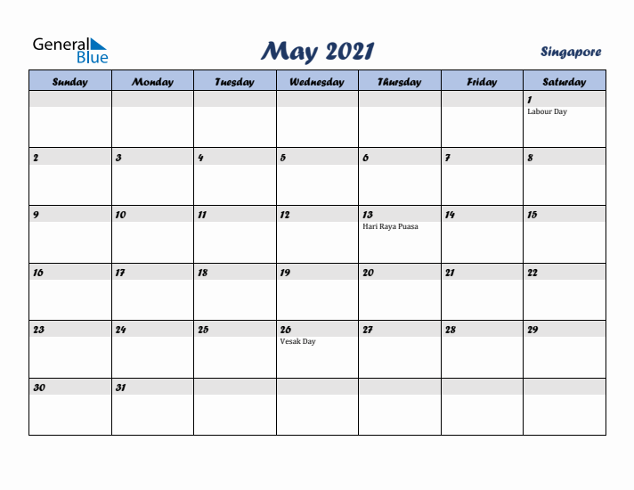 May 2021 Calendar with Holidays in Singapore