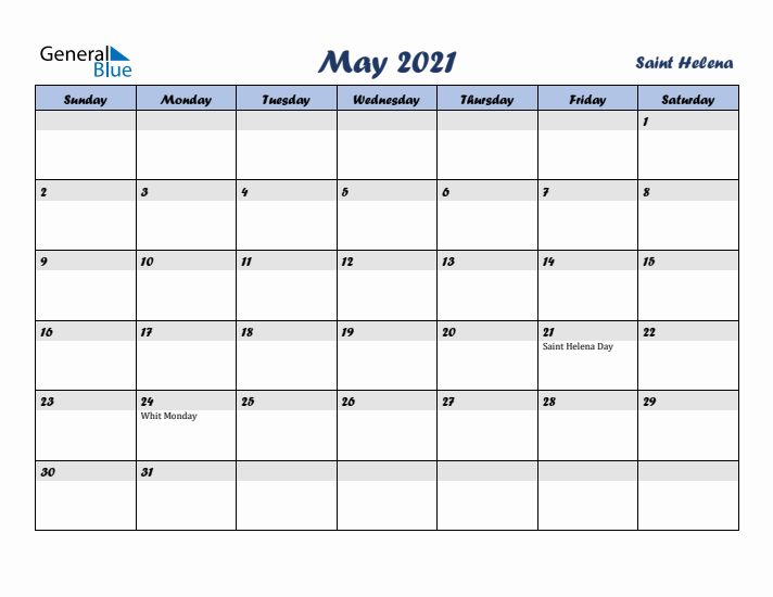 May 2021 Calendar with Holidays in Saint Helena