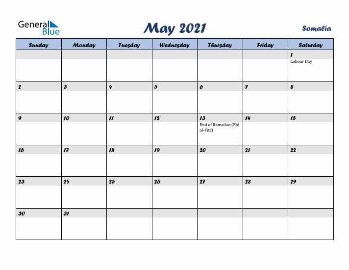 May 2021 Calendar with Holidays in Somalia