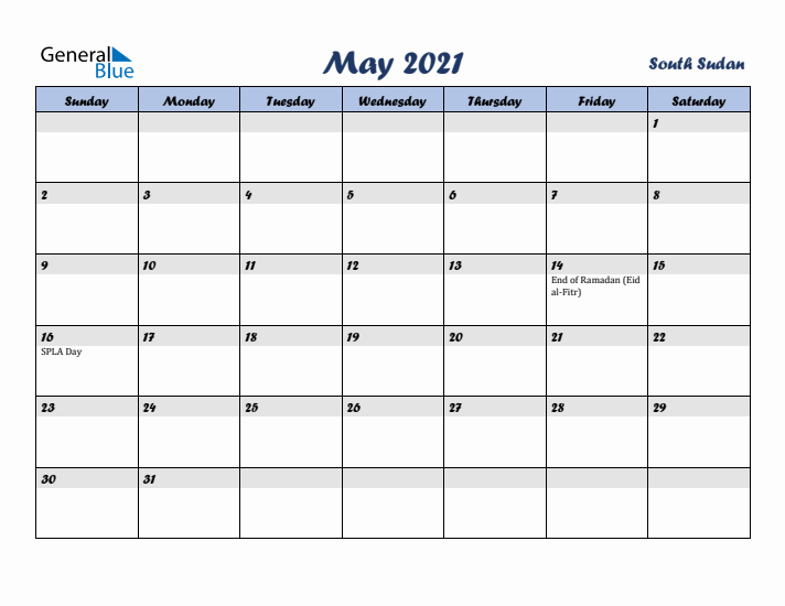 May 2021 Calendar with Holidays in South Sudan