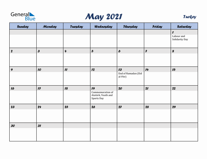 May 2021 Calendar with Holidays in Turkey