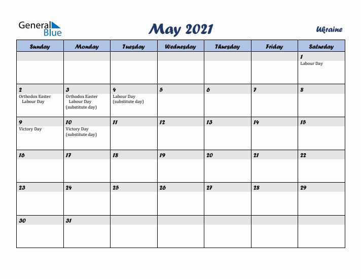 May 2021 Calendar with Holidays in Ukraine