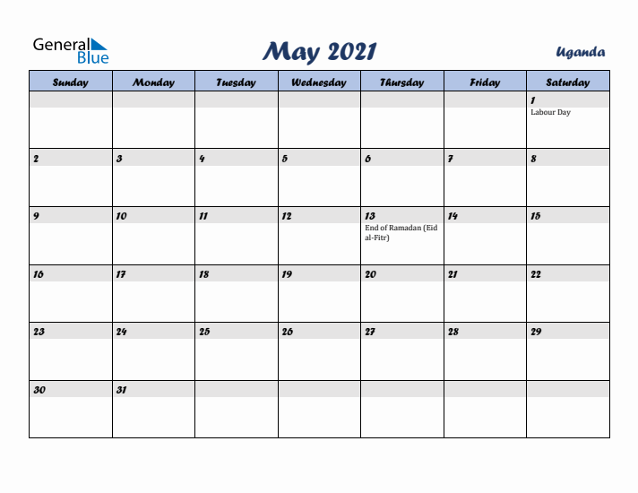 May 2021 Calendar with Holidays in Uganda