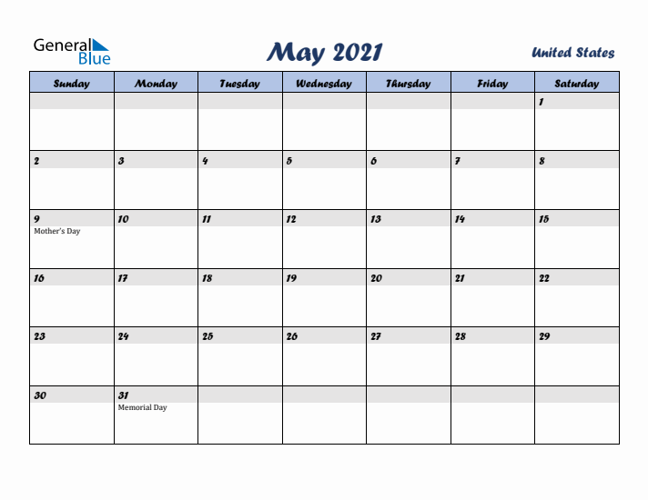 May 2021 Calendar with Holidays in United States