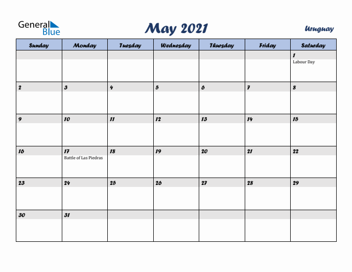 May 2021 Calendar with Holidays in Uruguay