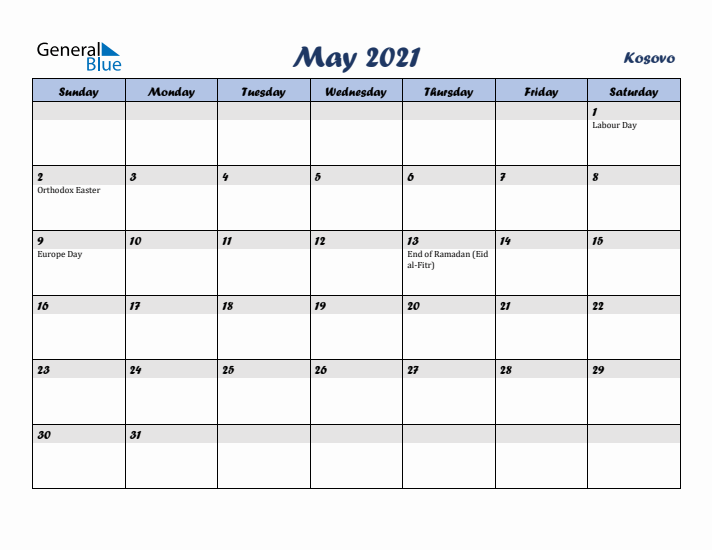 May 2021 Calendar with Holidays in Kosovo