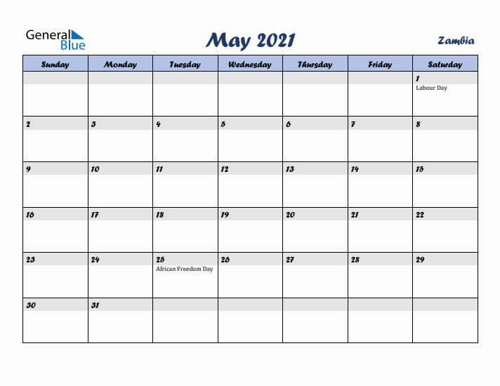May 2021 Calendar with Holidays in Zambia