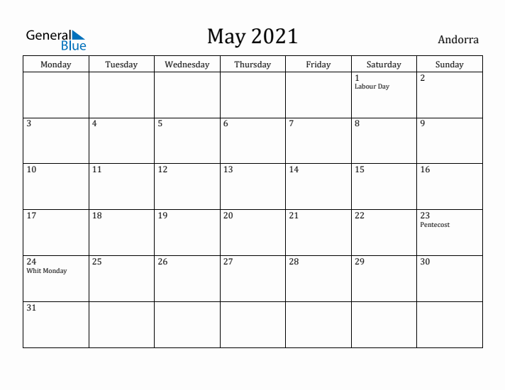 May 2021 Calendar Andorra