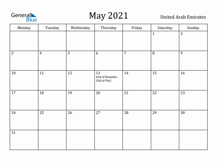 May 2021 Calendar United Arab Emirates