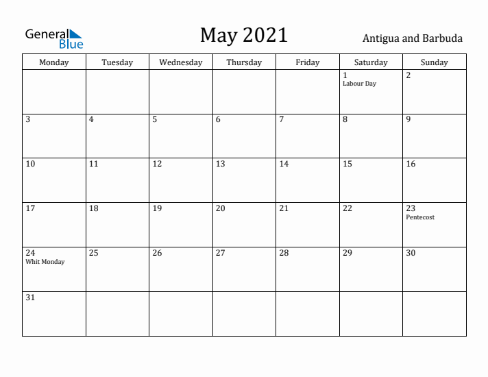 May 2021 Calendar Antigua and Barbuda