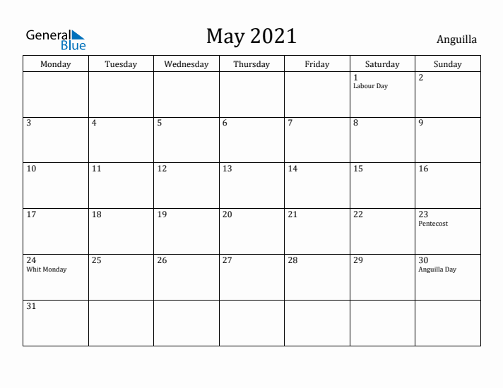 May 2021 Calendar Anguilla