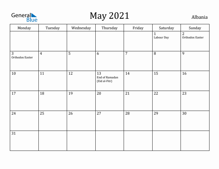 May 2021 Calendar Albania