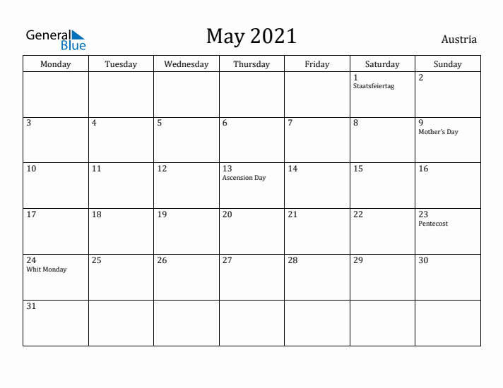 May 2021 Calendar Austria