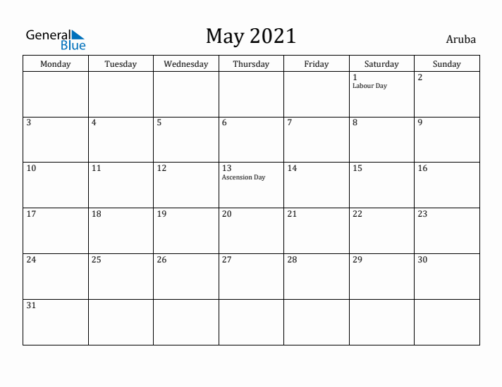 May 2021 Calendar Aruba