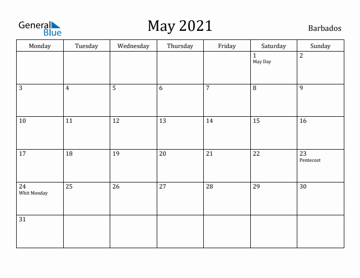 May 2021 Calendar Barbados