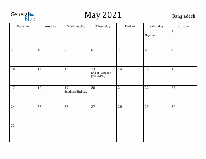 May 2021 Calendar Bangladesh