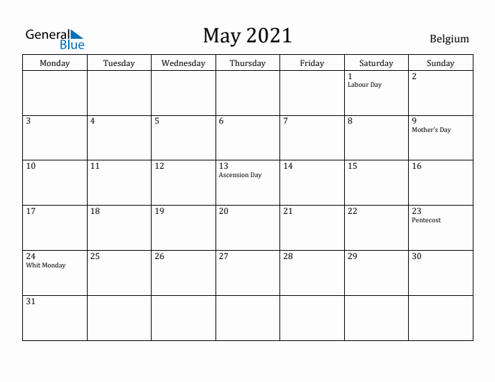 May 2021 Calendar Belgium