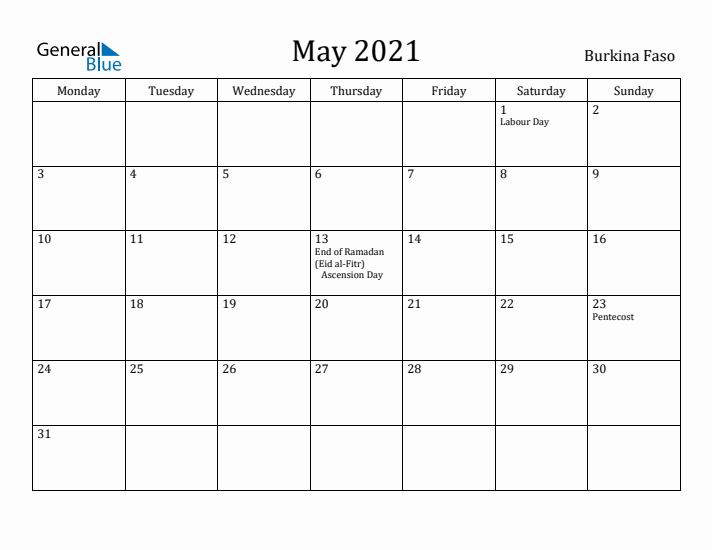 May 2021 Calendar Burkina Faso