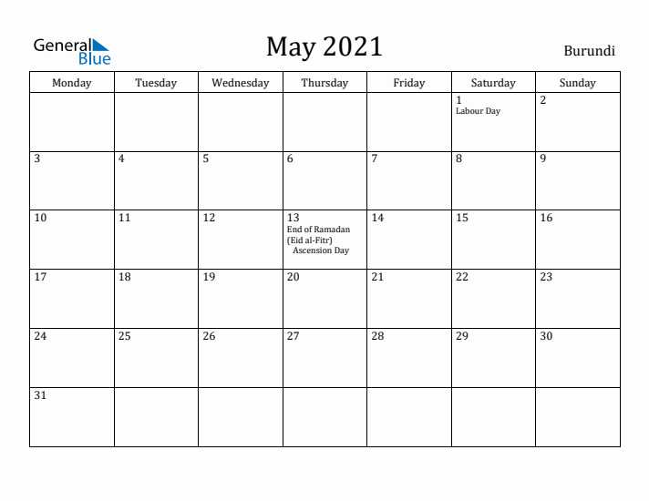 May 2021 Calendar Burundi