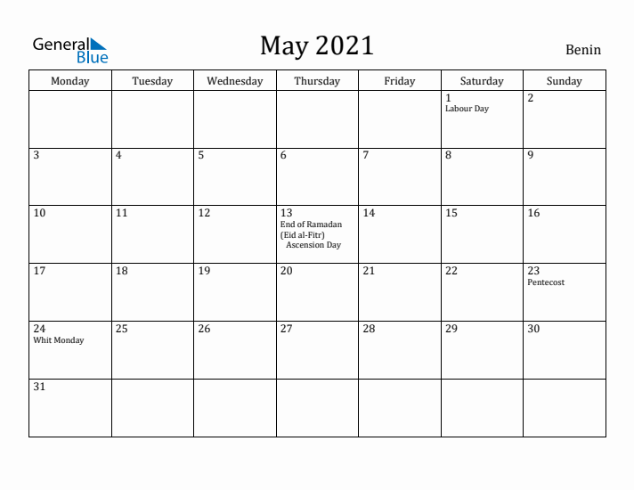 May 2021 Calendar Benin