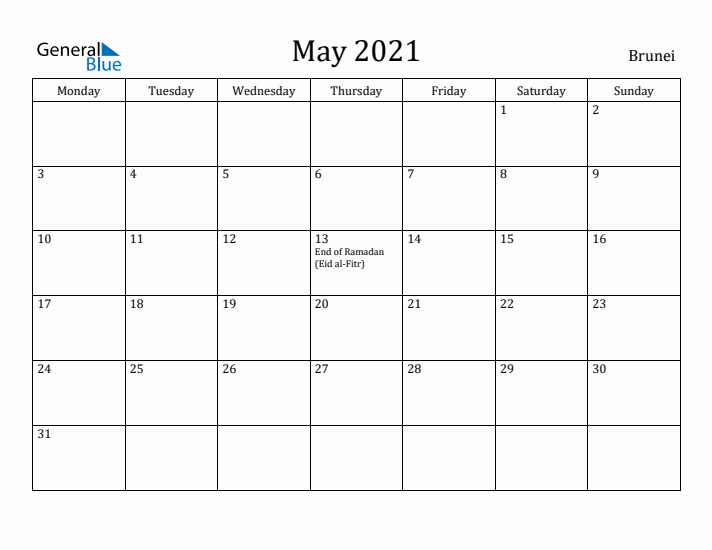 May 2021 Calendar Brunei