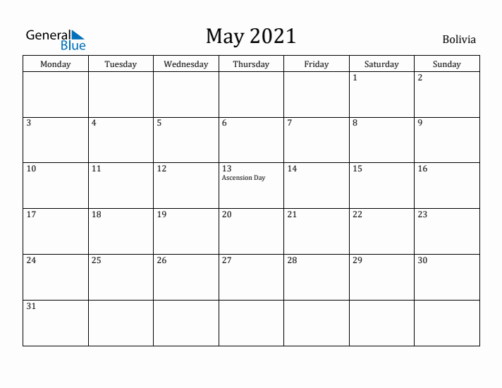 May 2021 Calendar Bolivia