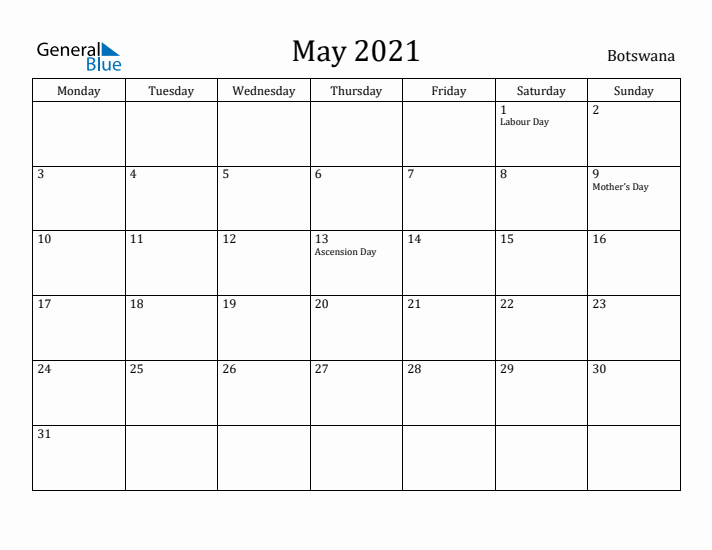 May 2021 Calendar Botswana
