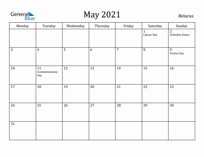 May 2021 Calendar Belarus
