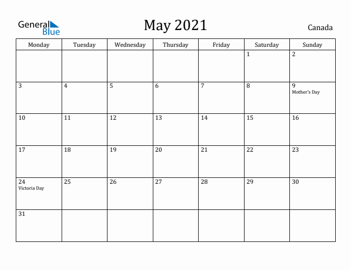 May 2021 Calendar Canada