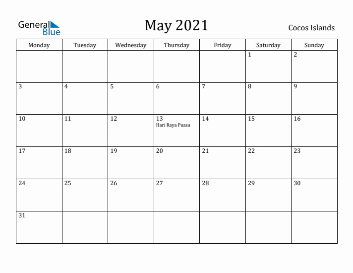May 2021 Calendar Cocos Islands