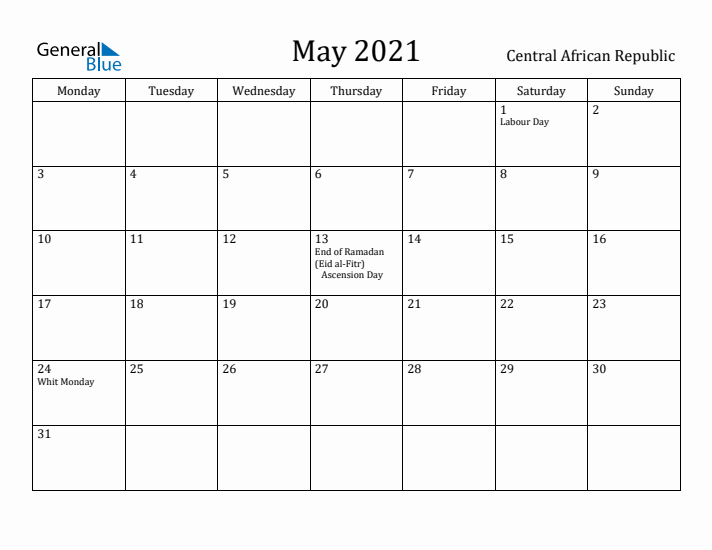 May 2021 Calendar Central African Republic