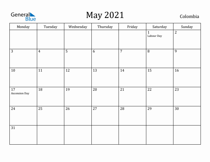 May 2021 Calendar Colombia
