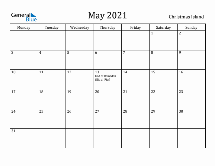 May 2021 Calendar Christmas Island
