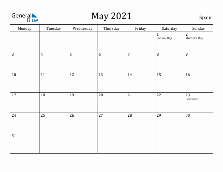 May 2021 Calendar Spain