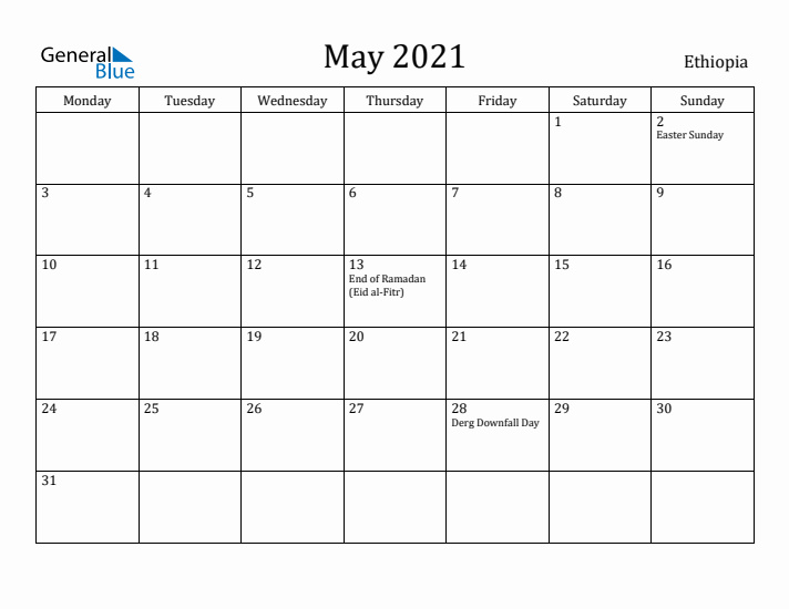 May 2021 Calendar Ethiopia