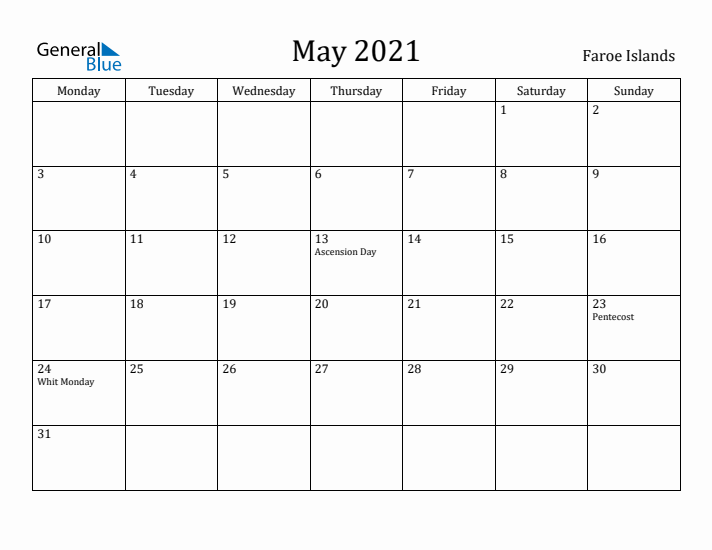 May 2021 Calendar Faroe Islands