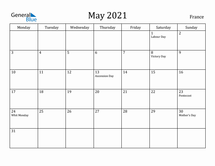 May 2021 Calendar France