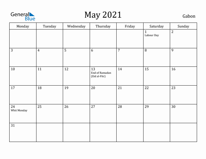 May 2021 Calendar Gabon