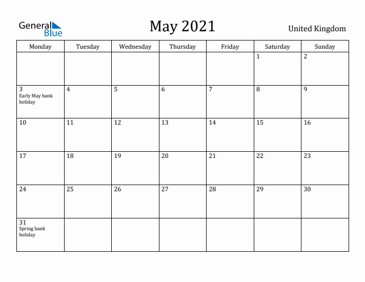 May 2021 Calendar United Kingdom