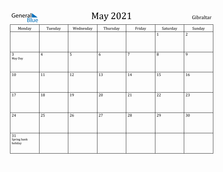 May 2021 Calendar Gibraltar