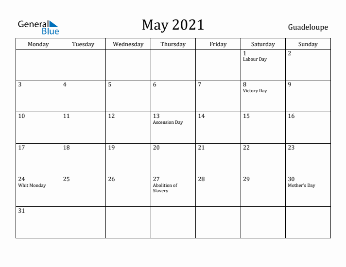 May 2021 Calendar Guadeloupe